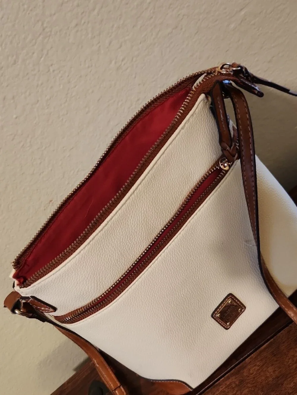 Dooney & Bourke Cream and Brown Leather-Trim Crossbody